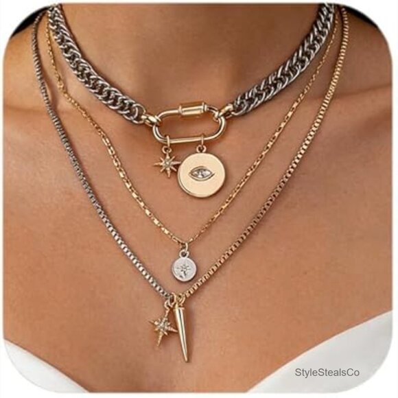Jewelry - 3-Piece Mixed Metal Layered Necklace Set with Evil Eye & Star Charms